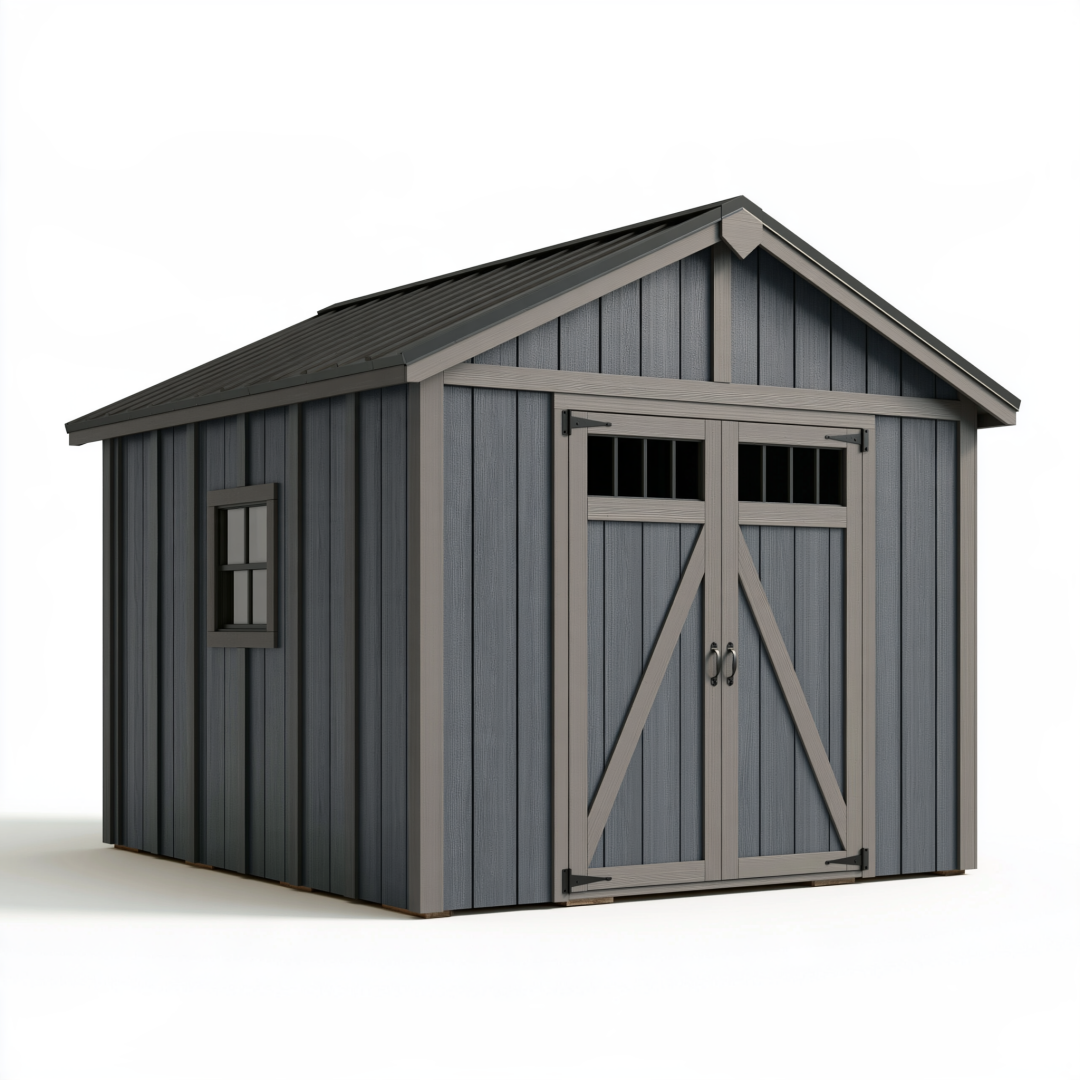 Abri de jardin 213 x 191 x 228 cm en résine gris anthracite à double porte style grange