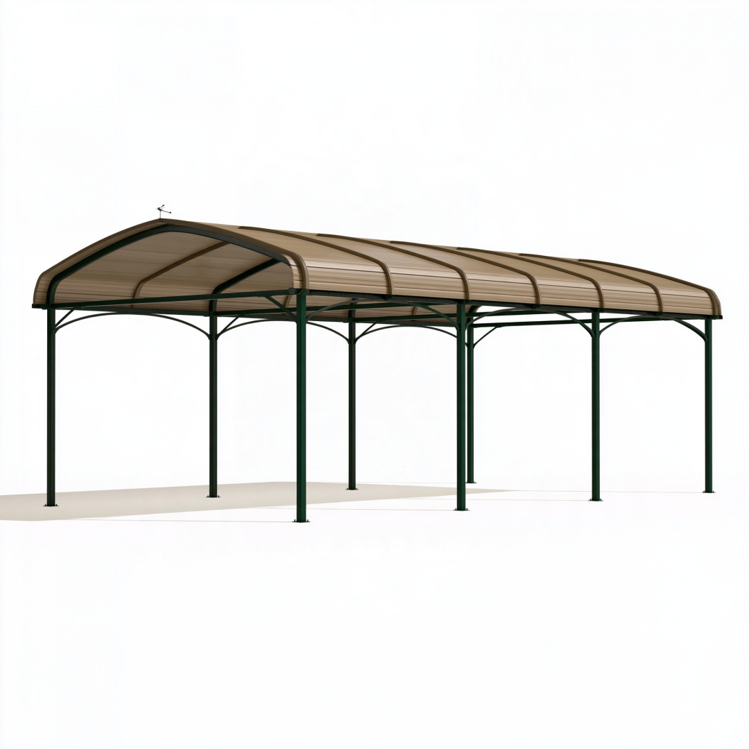 Abri voiture 600 x 300 x 270 cm en acier vert et panneaux polycarbonate incurvés