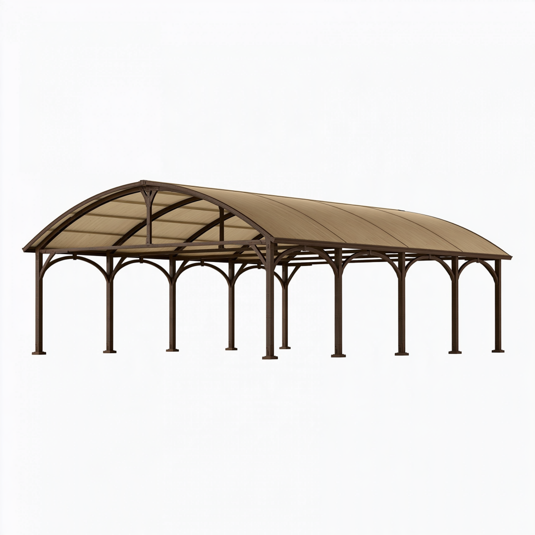 Abri voiture 600 x 300 x 270 cm en acier marron avec toit arqué en polycarbonate
