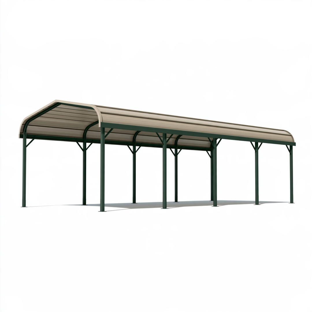Abri voiture 600 x 300 x 250 cm acier vert toit beige cintré extérieur
