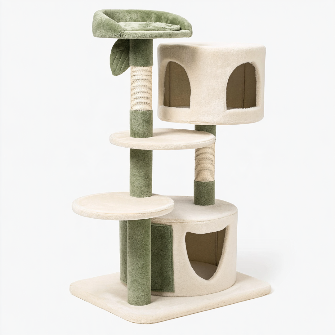 Arbre à chat 50 x 50 x 135 cm en sisal et tissu vert crème avec niches plateformes et couchage