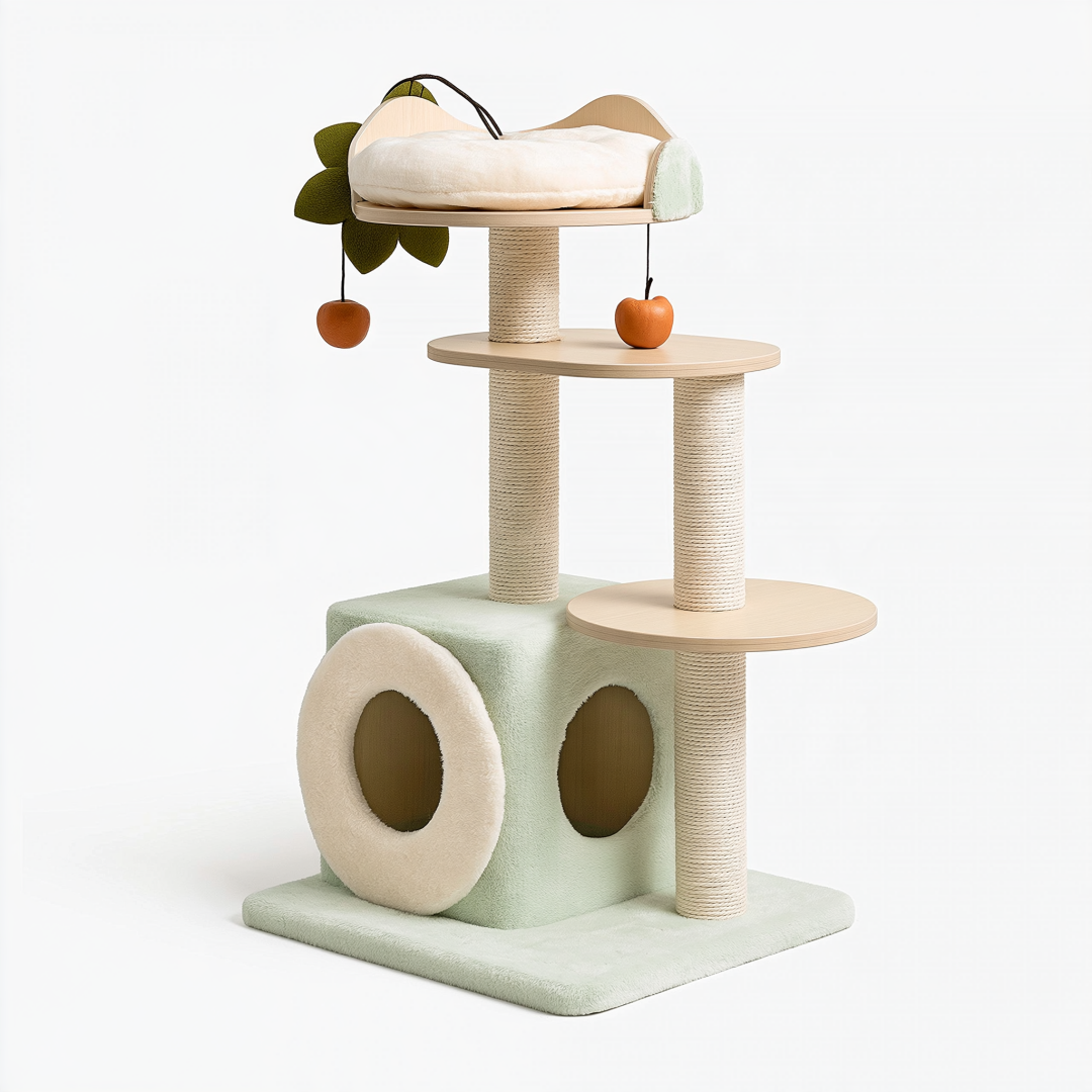 Arbre à chat 60 x 50 x 135 cm vert clair en bois et sisal avec niche et plateformes