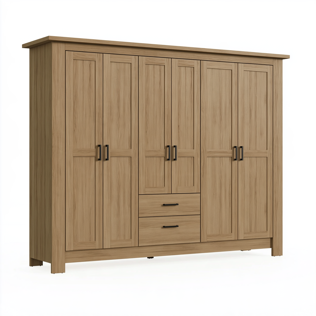 Armoire 200 x 60 x 200 cm décor chêne à 6 portes et 2 tiroirs style contemporain
