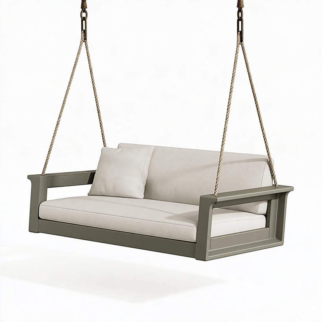 Balancelle de jardin 140 cm en métal gris olive et textile beige - 2 places suspendue