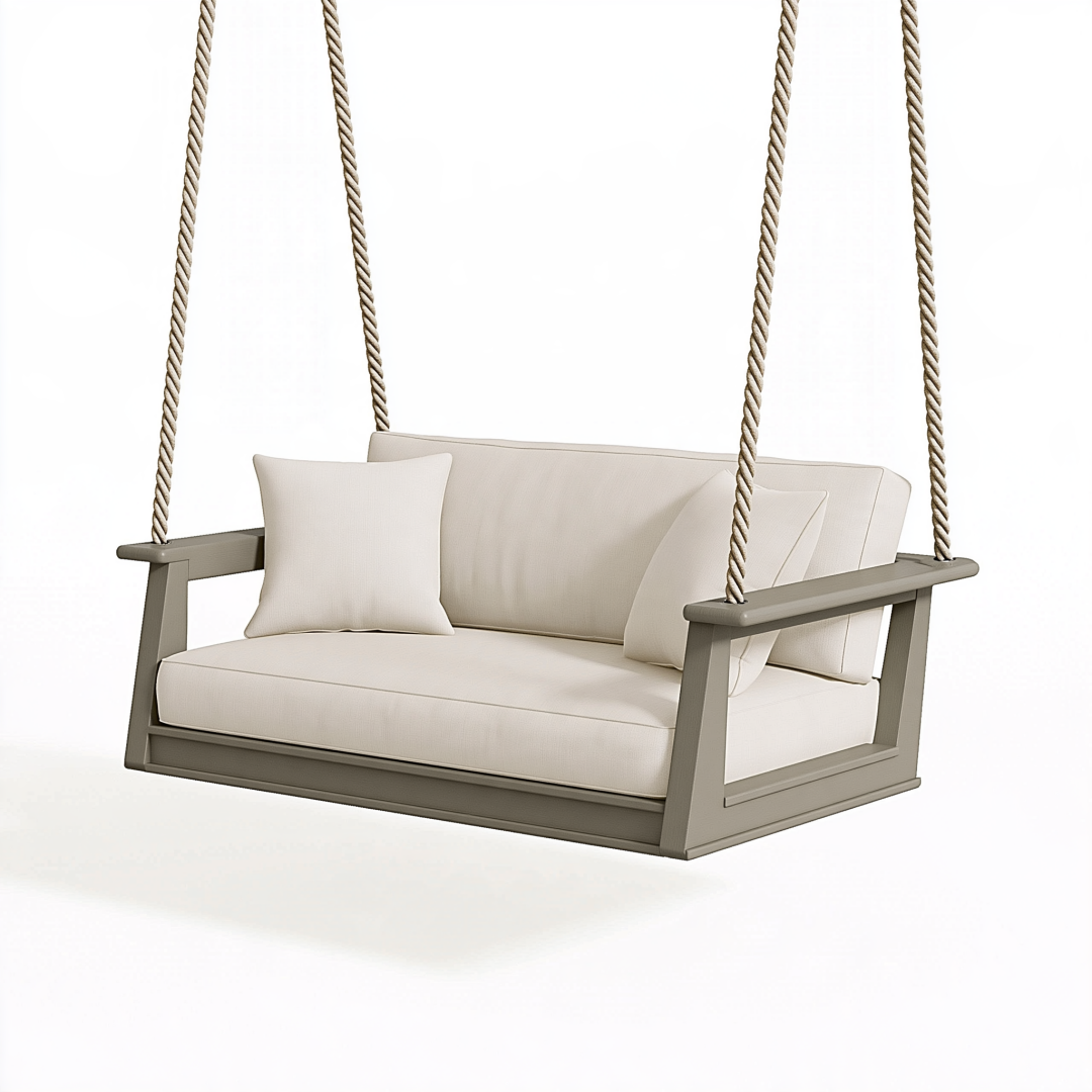 Balancelle de jardin 140 x 70 x 60 cm en bois taupe et beige suspendue style contemporain